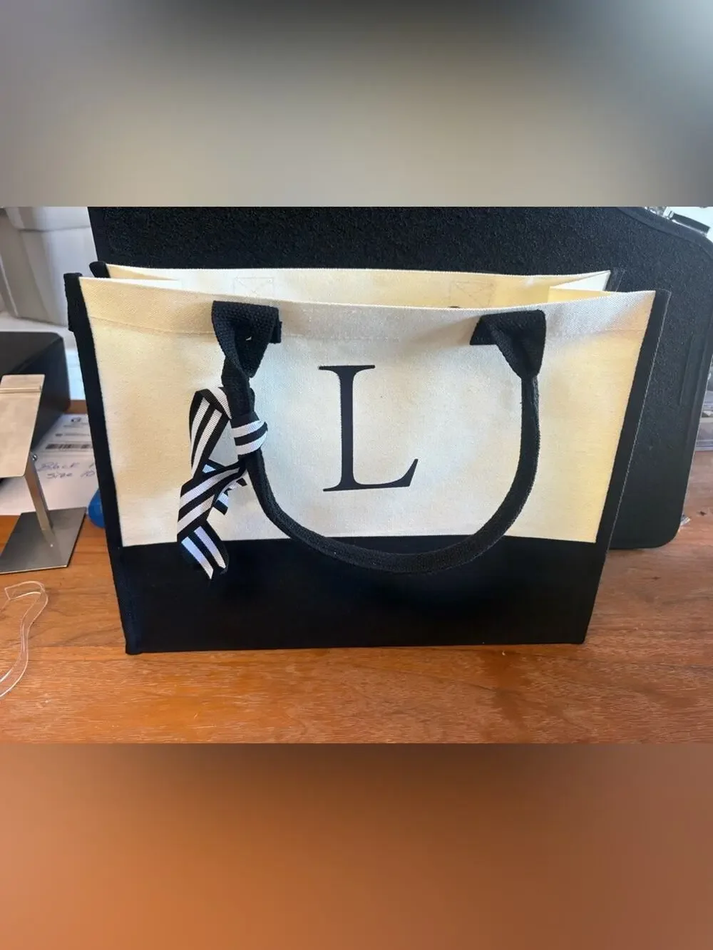 Monogram “L” Canvas Tote Bag Black Cream Reusable Shopper NWOT